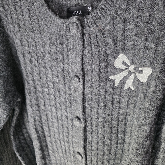 Vici Charcoal Knit Cardigan with Bow Accent - Picture 2 of 5